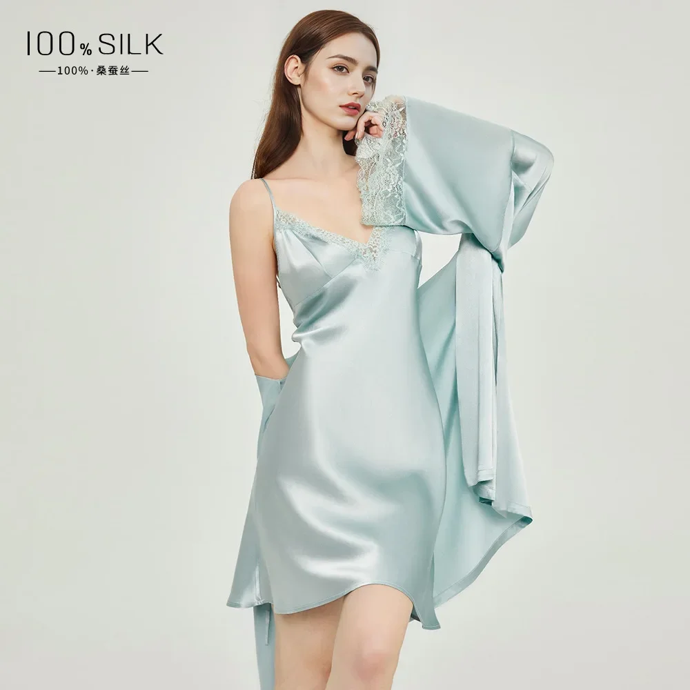 Sexy 100% Mulberry Silk Robe and Nightgown Women's Two Pieces Set Robes with Camisole Nightdress Solid Color Morning Robe Gown
