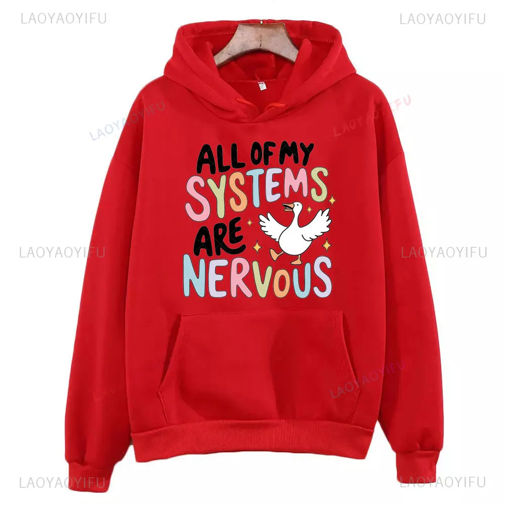 Sudadera con capucha estampada de pato divertido All of My Systems Are Nervous para Mujer, Sudadera de regalo cálida con hombros caídos para otoño e invierno, Ropa para Hombre