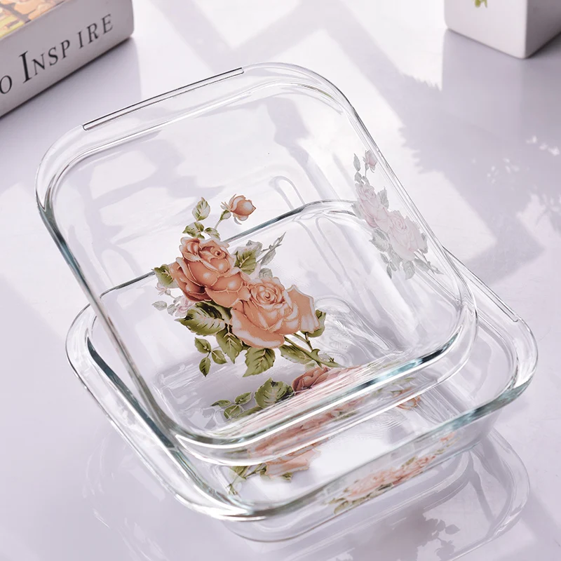 

Golden Rose Plate Set Glass Dishes Retro Elegant Microwave Baking Tray Oval Baked Rice Salad Plate Large Capacity Food Container
