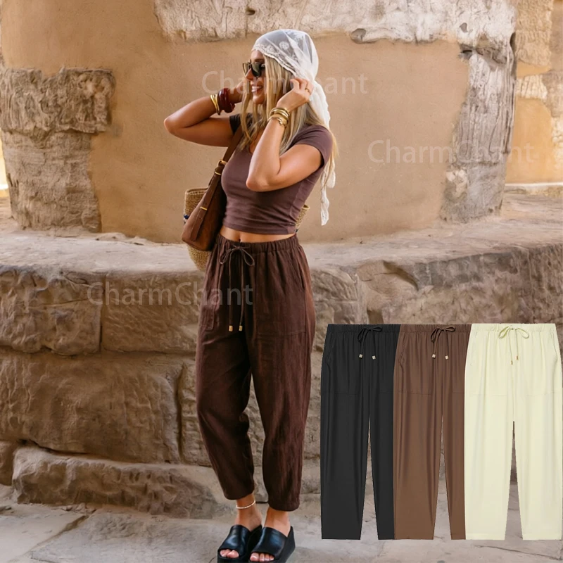 

Women's Casual Drawstring Elastic Waist Pants Solid Color Loose Straight Trousers Elegant Office Commuter Pants For Women 2026