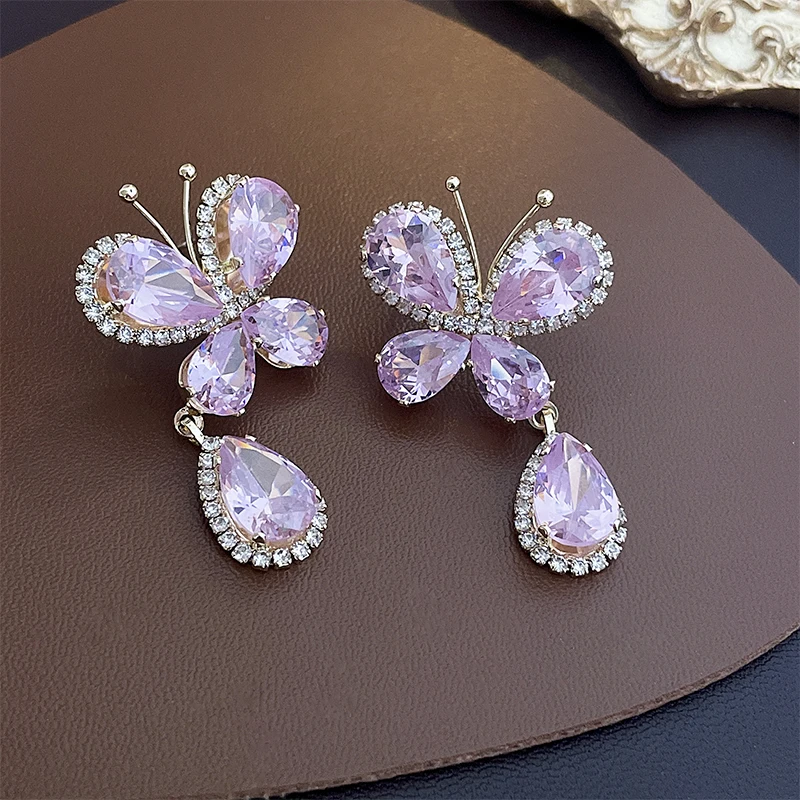 Pendientes de gota de agua de mariposa de circón para niñas, estilo dulce y fresco, pendiente de gota rosa, joyería delicada brillante OL, moda elegante