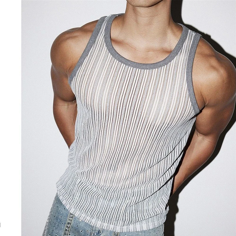 Men Extra Large American Retro Hollow Striped Mesh Tank Top Contrast Color Slim Fit Sleeveless T‑Shirt Summer Knit Streetwear
