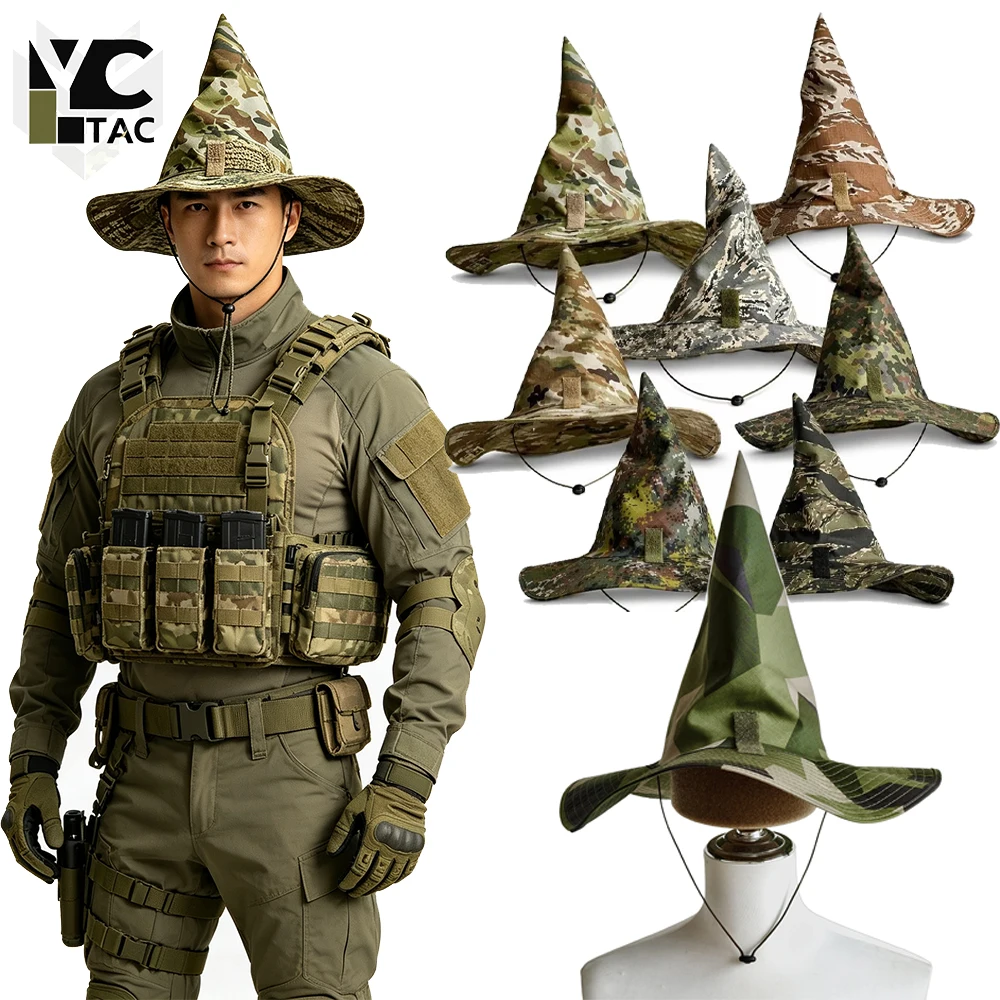 YCTAC Camo Wizard Hat Tactical Wide-brimmed Conical Camouflage Hunting Sun Cap Halloween CosplayProps Festival Decor Accessories