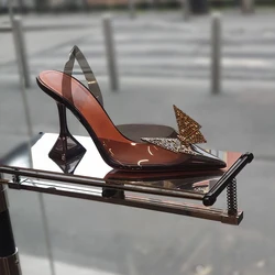 Bow Diamond Buckle Toe Sandals 2024 Summer New Sexy Leather Transparent Pointed Heel Stiletto Heels