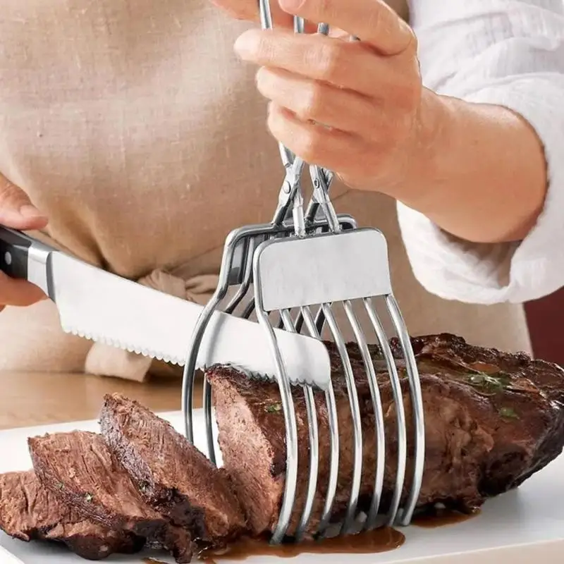 1 Pcs Stainless Steel Roast Meat Bread Cutting Tongs Effortless Slicing Food Holder Handheld Cheese Cutter Kitchen Supplies