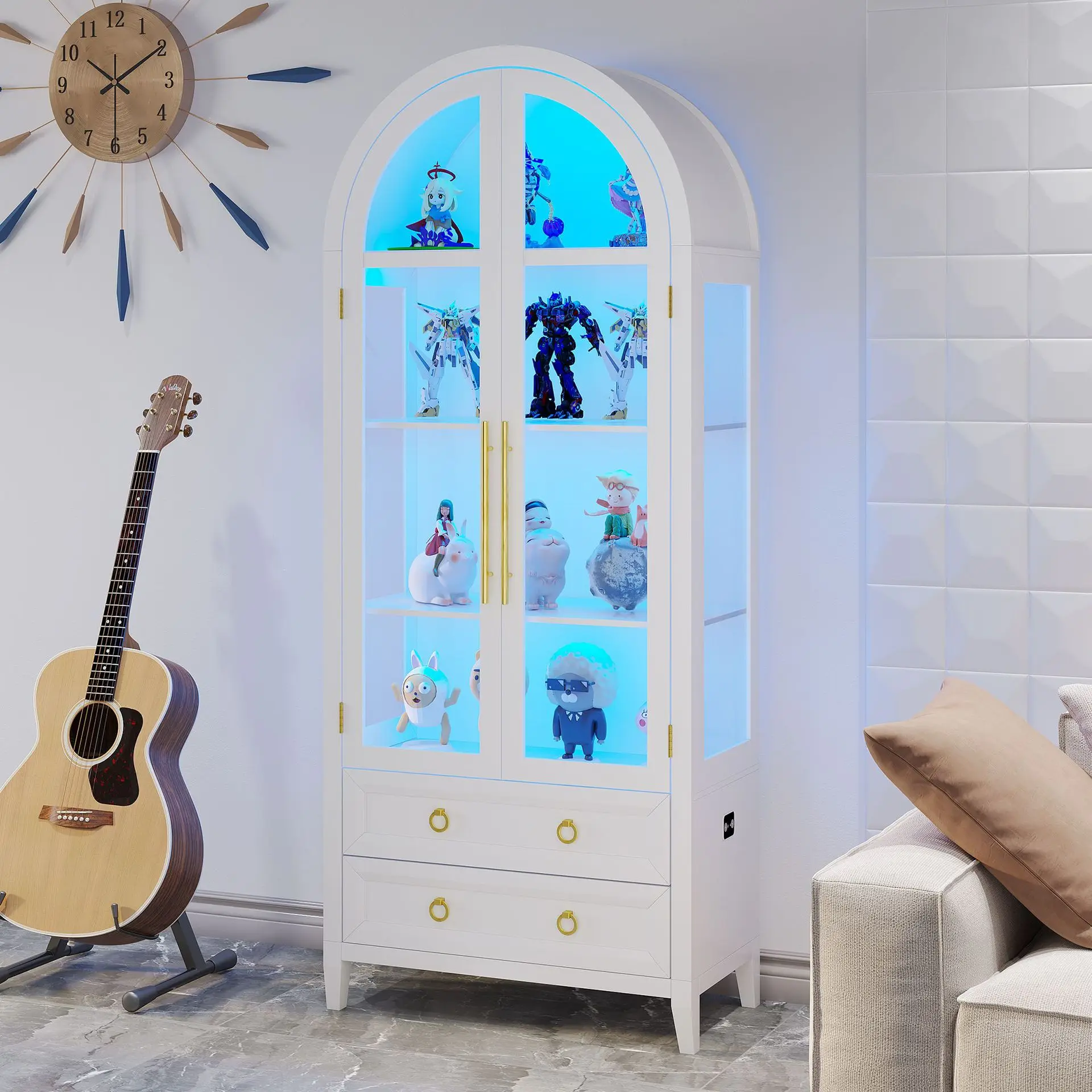 Curved glass door display cabinet=Four-layer three-color light + human body induction, collection display cabinet with 2 drawers