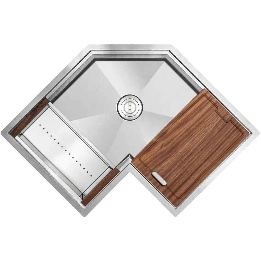 30 Inch Satin Brushed Corner Kitchen Sink Workstation Gold Finish 16 Gauge Stainless Steel Modern Installation Sink