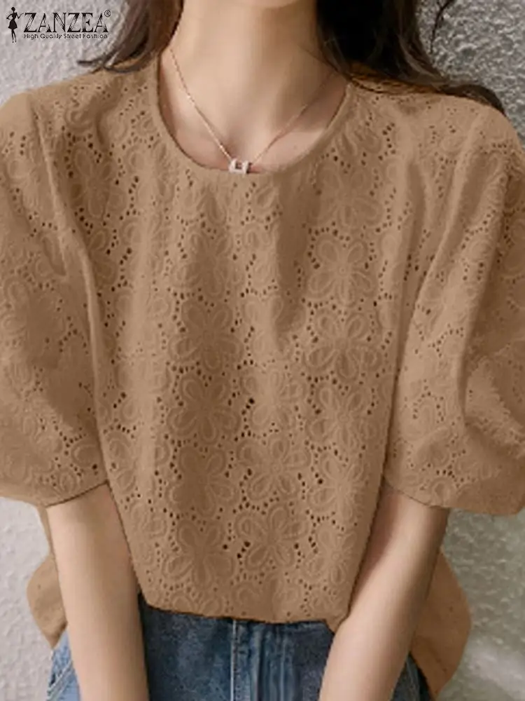 

ZANZEA Stylish Women Summer Elegant Shirt Casual Loose Hollow Out Blusas Short Sleeve Lace Crochet Blouse Femininas Work Tops