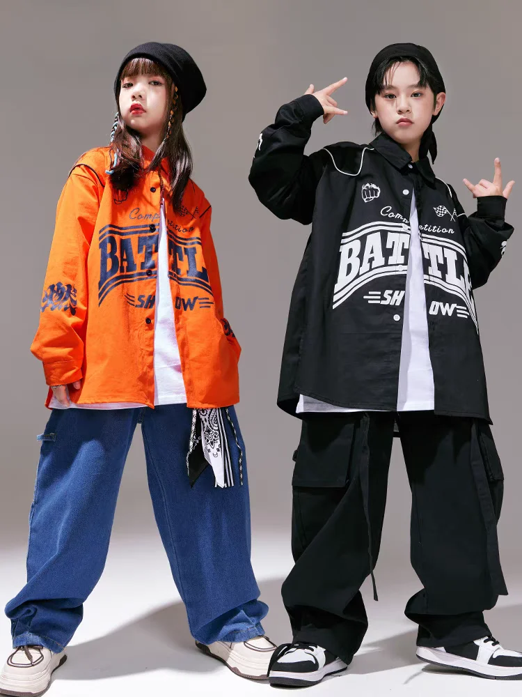 Hip hop meninas legal camisa solta jeans meninos jazz jaqueta calças de carga crianças streetwear trajes crianças conjuntos roupas dança rua