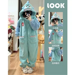 새로운 만화 광대 물고기 두꺼운 산호 양털 점프 슈트 잠옷 여성 겨울 가정 의류 잠옷 산호 플러시 잠옷 세트