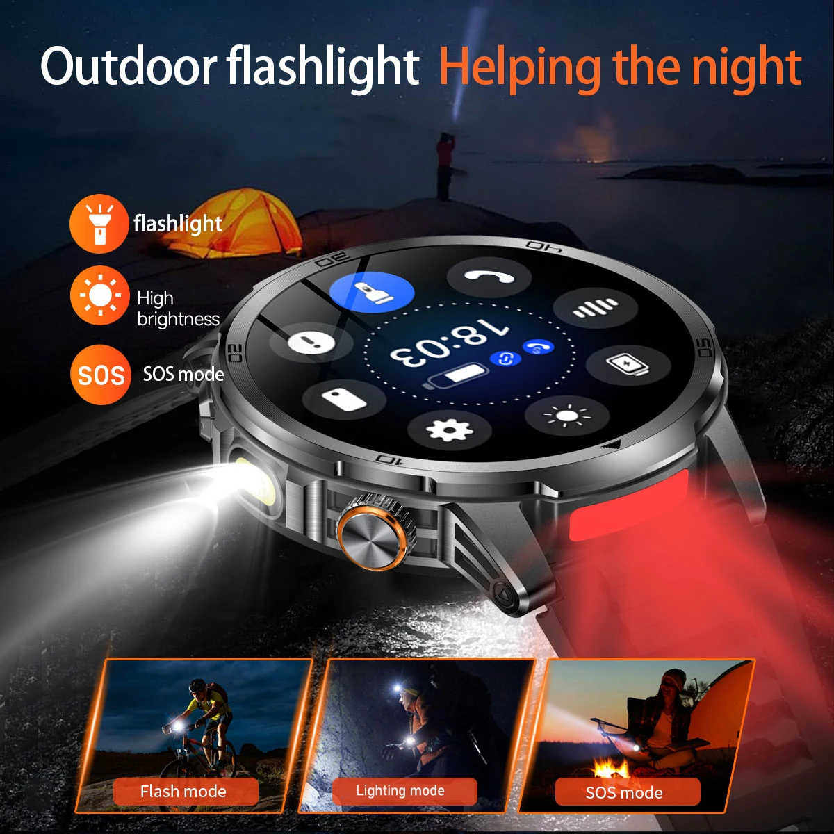 นาฬิกาสมาร์ทวอทช์ทหารสำหรับผู้ชาย พร้อมไฟฉุกเฉิน SOS + ไฟฉาย LED แบตเตอรี่ 1000 mAh ระบบติดตาม GPS กันน้ำระดับ IP68 สแตนด์บายได้นาน 100 วัน