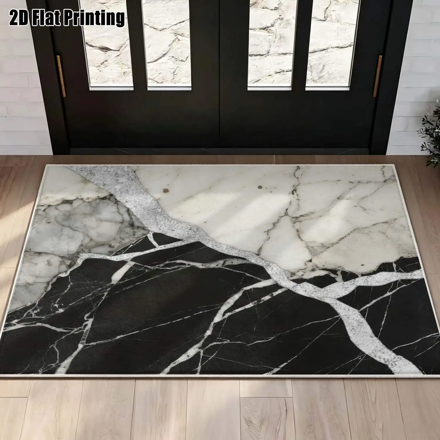 1Pc 2D Printed Black White Marble Velvet Carpet, Modern/Nordian/European/Instagram Style, Machine Washable, Multi-Size Home Decor Mat for Entrance, Dining, Bedroom, Living Room