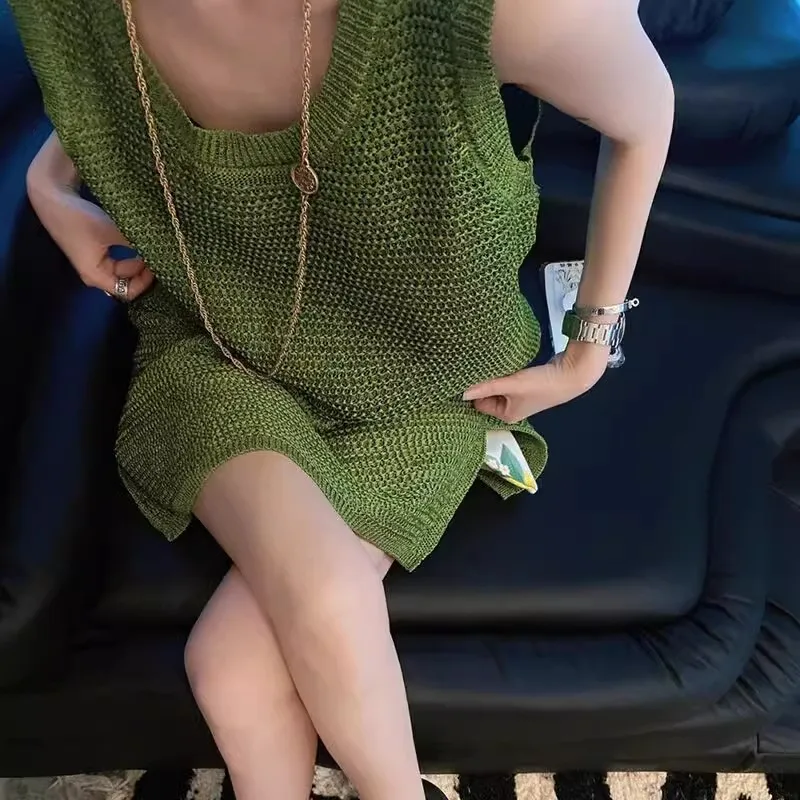 Zielona Sukienka Bez Rękawów Francuska Ekskluzywna Codzienna Sukienka Dzianinowa z Okrągłym Dekoltem Damska Letnia Sukienka Plażowa Krótkie Sukienki Plażowe