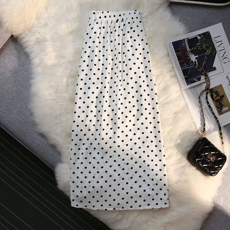 High Waist Slit Hem Dot Printing Pleated Temperament A-line Skirt Summer Slim Elegant Midi Dress Fashion Office Women Clothing - Image 3