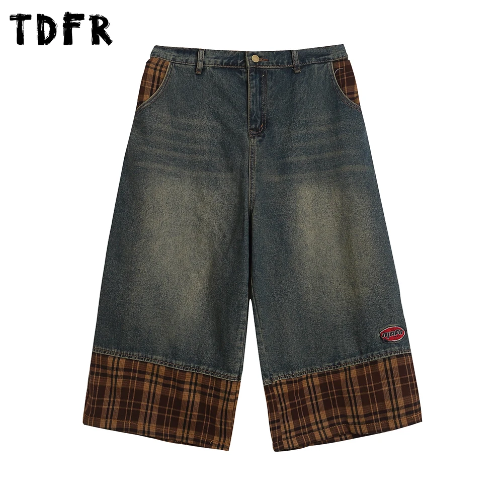 

Plaid Patchwork Denim Shorts Mens Retro Streetwear Washed Distressed Loose Wide Leg Spliced Short Jeans Men