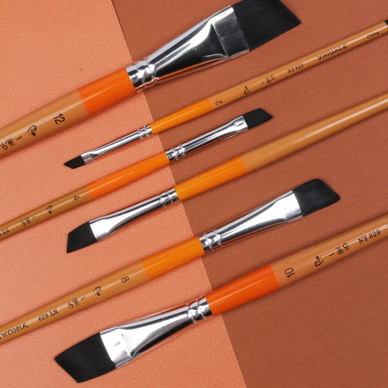 6 pcs set high quality short-wood pole oblique head paint brush gouache water painting black nylon hair acrylic oil painting pen