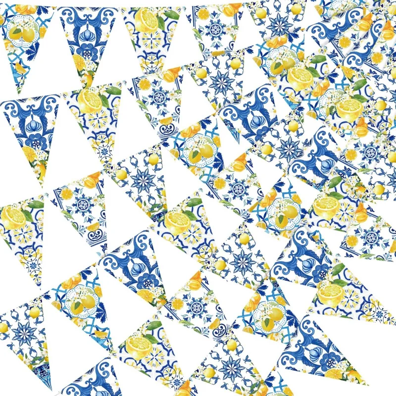 Bandes triangulaires suspendues en carreaux bleus et citron, 1 pièce, drapeaux triangulaires suspendus pour mariage, anniversaire, réception nuptiale, décorations de fête d'enterrement de vie de jeune