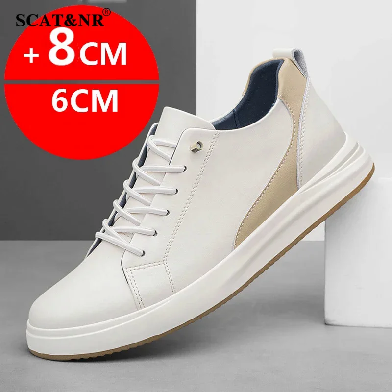 Men leather casual sneakers shoes 2025 autumn new elevator shoes 8cm 6cm height increasing shoes for man taller male designer