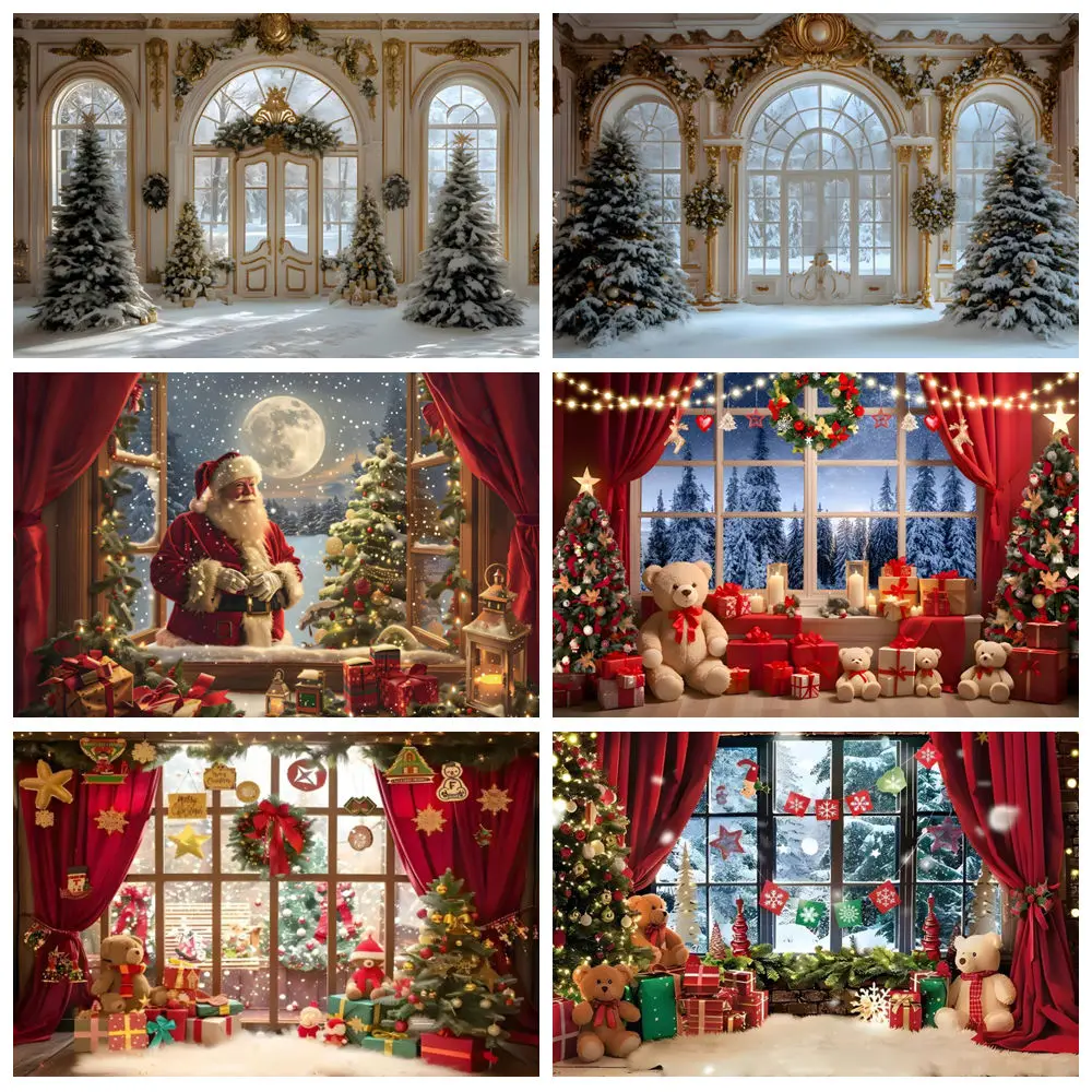 

Merry Christmas Photography Backdrops Xmas Tree Fireplace Santa Red Curtain Winter Festival Decor Background Photo Studio Props