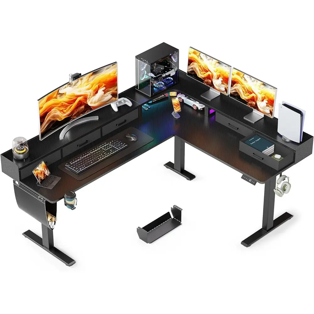 

Ergonomic Electric L-Shaped Desk with 5 Drawers and Monitor Shelf, Height Adjustable, Black