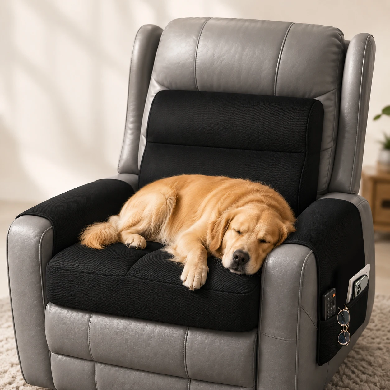Multi-Purpose Chair Cushion with Side Storage Pocket, Non Slip Washable Pad for Recliner, Rocking Chair, Wheelchair