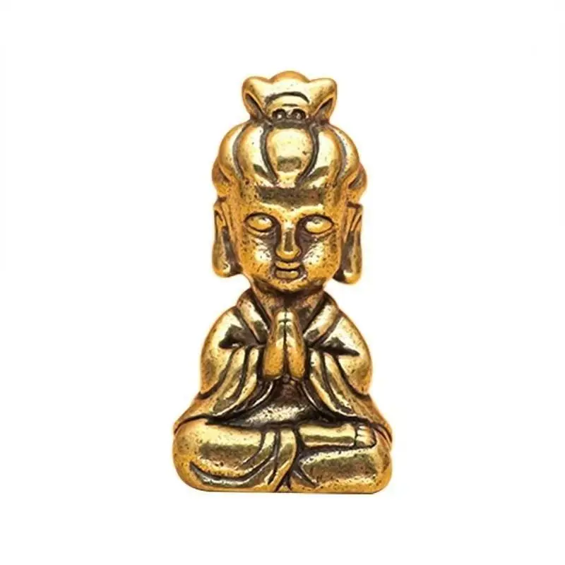 Solid Brass Guanyin Miniature Figurine Desk Car Ornament Vintage Patina Home Office Meditation Decor Gift BoxZen Statue
