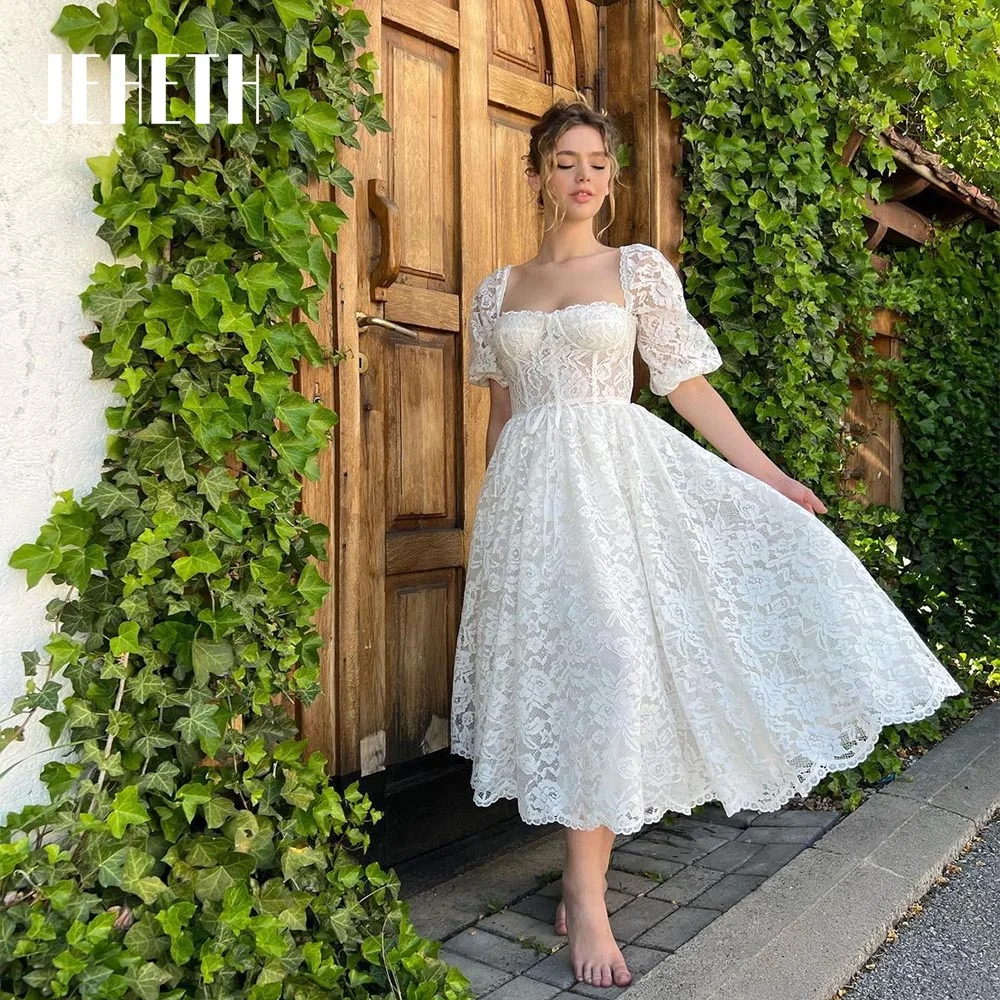 Elegant Short Sleeves Mid-calf Lace Wedding Dresses Square Collar Neck Evening Gowns vestidos de fiesta