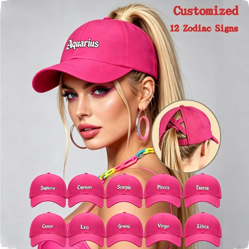Women Criss Cross High Ponytail Baseball Cap,12 Zodiac Signs Print Mesh Sun Hat,Adjustable Summer Outdoor Sport Trucker Hat