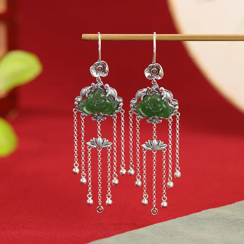 Hetian S925 Sterling Silver Jade Double Koi Tassel Exquisite Women'S Ear Hook Earrings