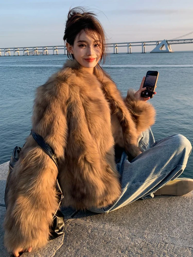 

2025 New Korean Sle ort Thiened Eco-Friendly Fur Jaet Women's Casual Outerwear Winter Lazy Sle Long Sve Coat