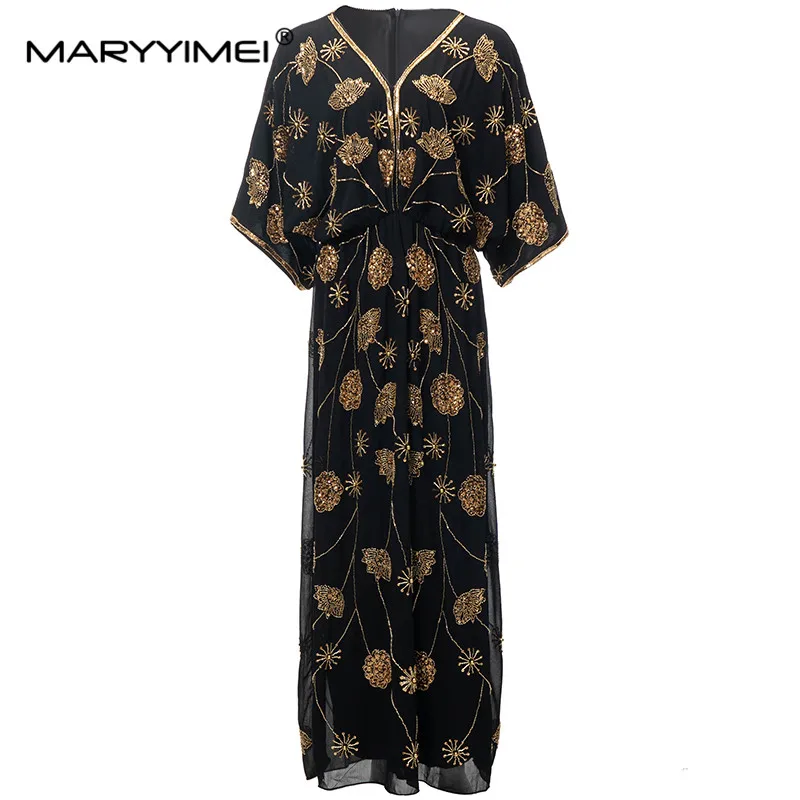 

MARYYIMEI New Fashion Runway Designer Women's V-Neck Puff Sleeve String Of Beads Sequin Shiny Splice Type Vintage Dress