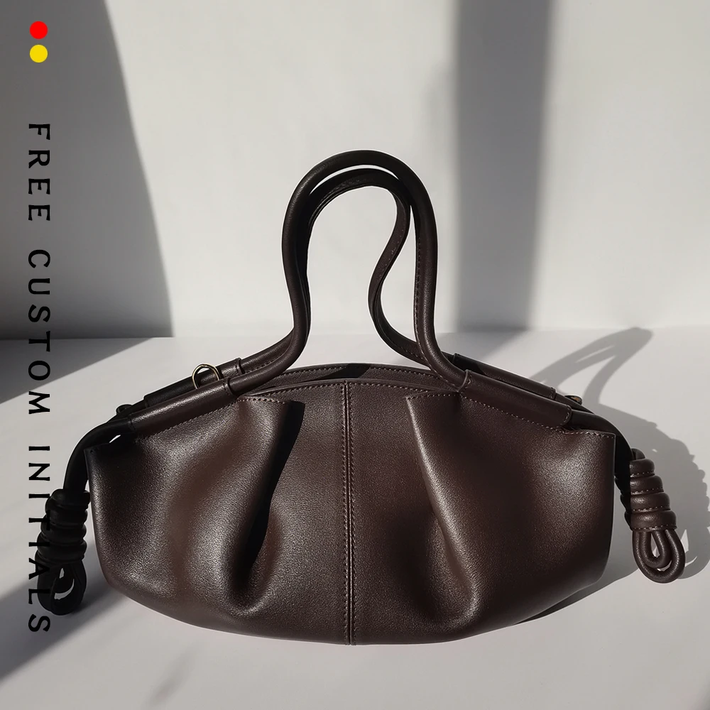 

Genuine leather fold cloud dumpling bag drawstring women's bag fashionable high-end crossbody handbag free gold stamping letters