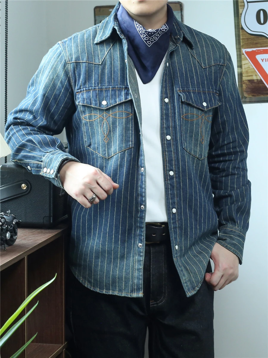 

Heavyweight Stripe Denim Shirt Long Sleeve Men's Autumn American Retro Layering Vintage Feel Jacket Outerwear Breathable Stan...