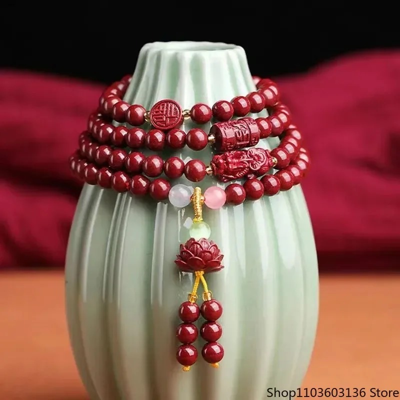 

Киноварь, шестизначная мантра, 108, бусины Zijin, императорский песок, простой женский браслет с четырьмя кольцами в виде лотоса