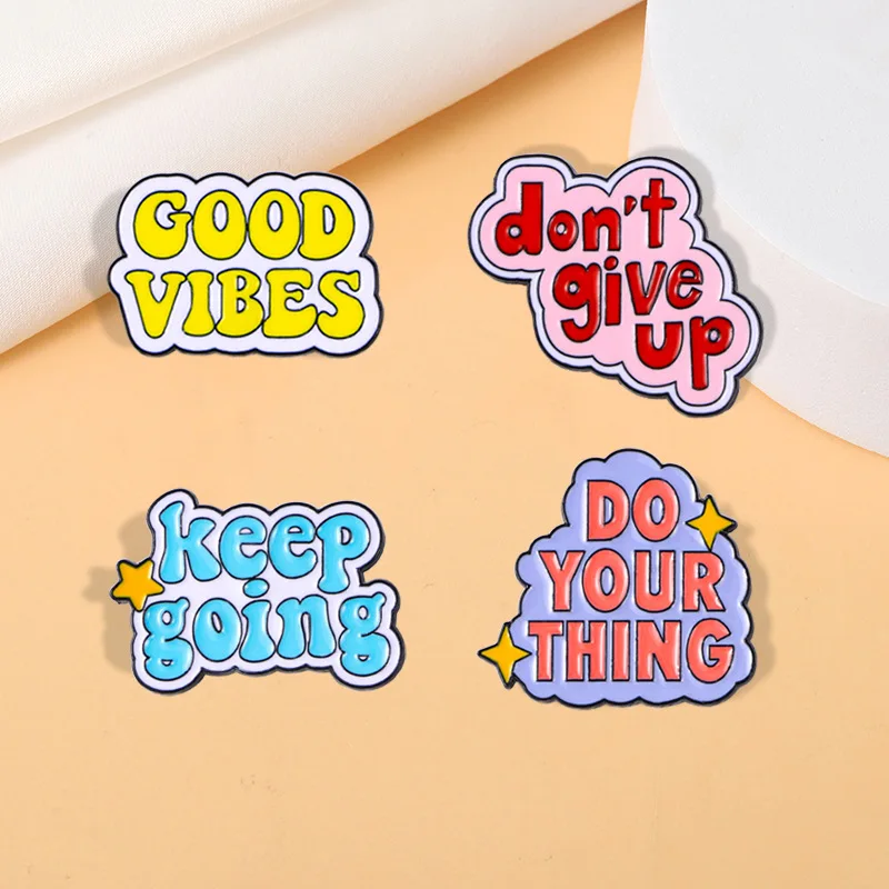 XEDZ Cartoon Rainbow Medallion Metal Badge Creative English Letters Don\'t Stop Keep Going Good Vibes Enamel Lapel Pins Jewelry