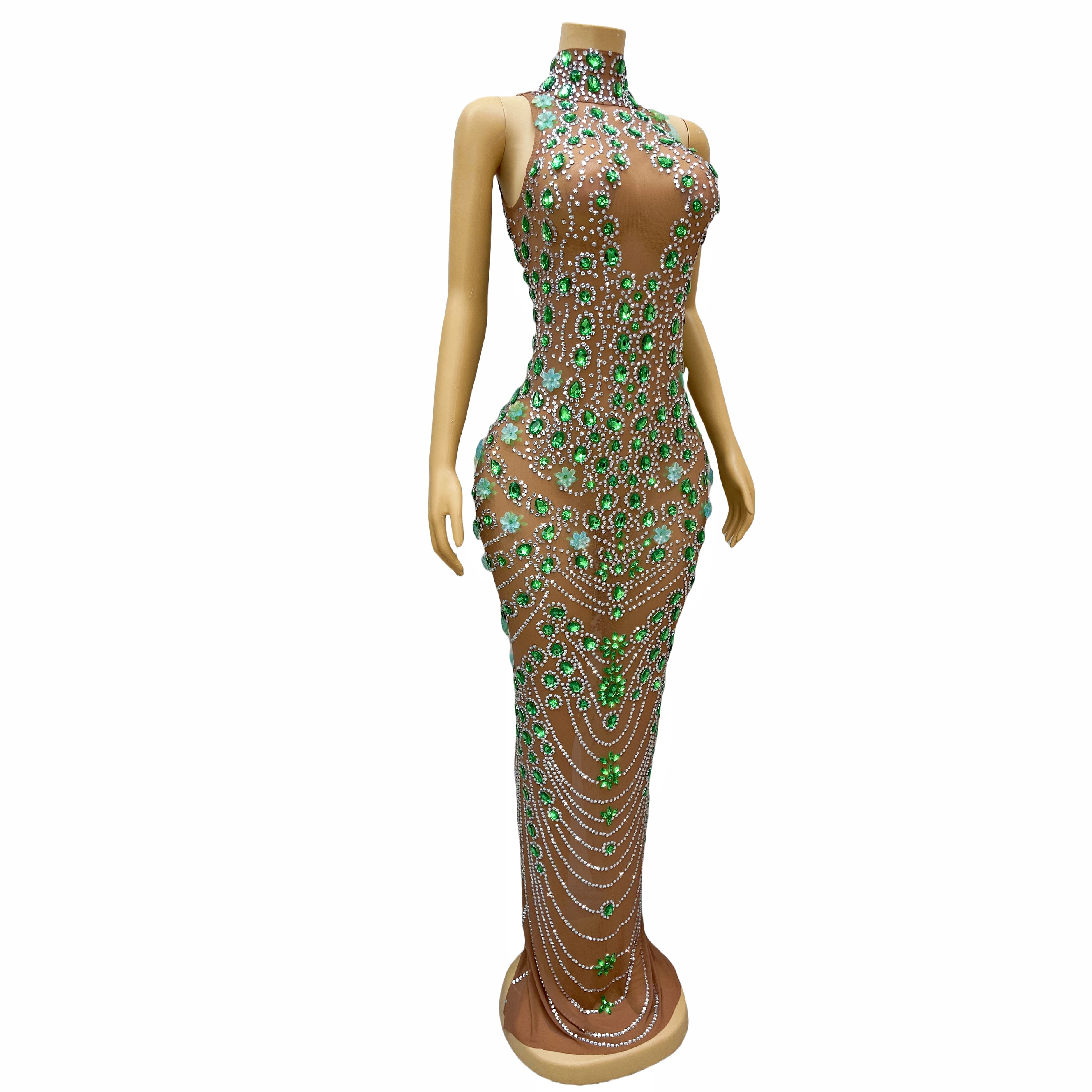 Silver Green Rhinestones Flower Birthday Celebrate Brown Dress Backless Graduation Transparent Outfit Collection Costume qingse