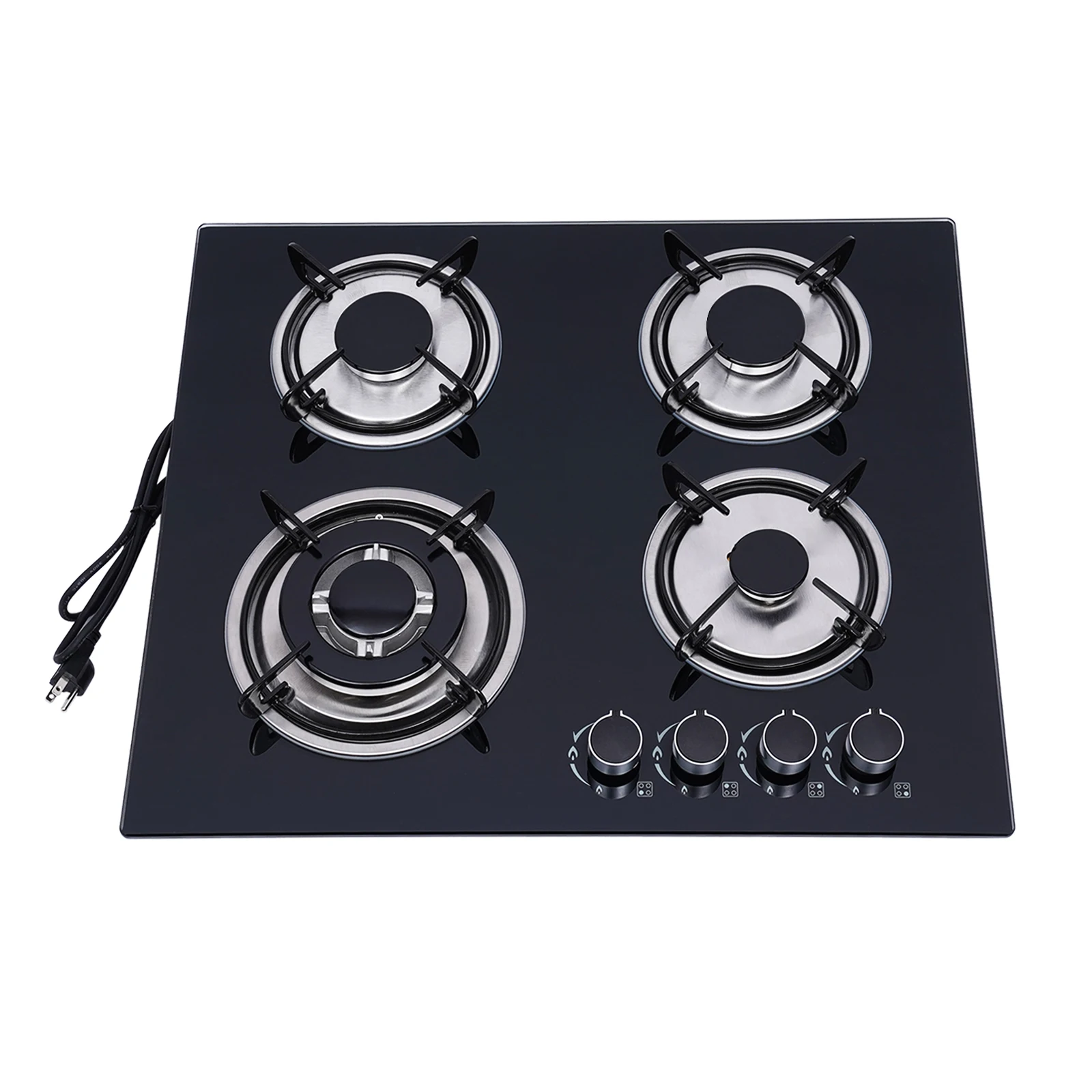 

4 Burners LPG Gas Cooktop Black Tempered Glass Panel Cast Iron Stainless Steel Construction Polishing Process Built In Installation US Standard Plug 110V 2800Pa Working Pressure Four Multi Power Burners Household Commercial Gas Cooking Range