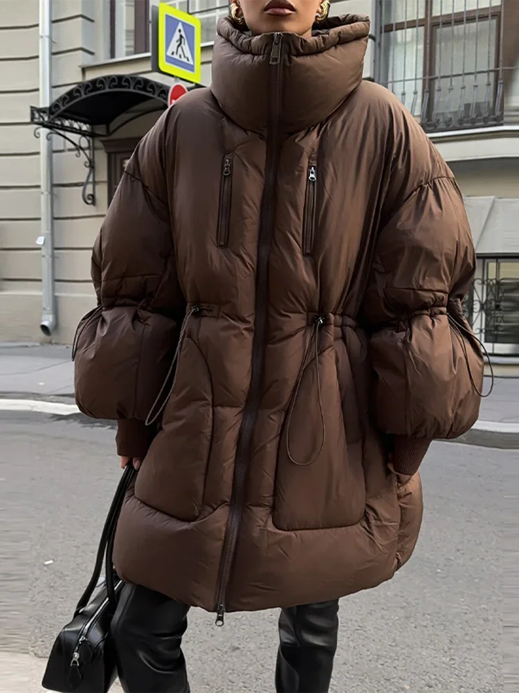 Fashion Solid Hooded Thick Cotton Women's Jacket Oversize Loose Long Sleeved Zipper Tied Jacket Casual 2026 Winter Snow Wear 1