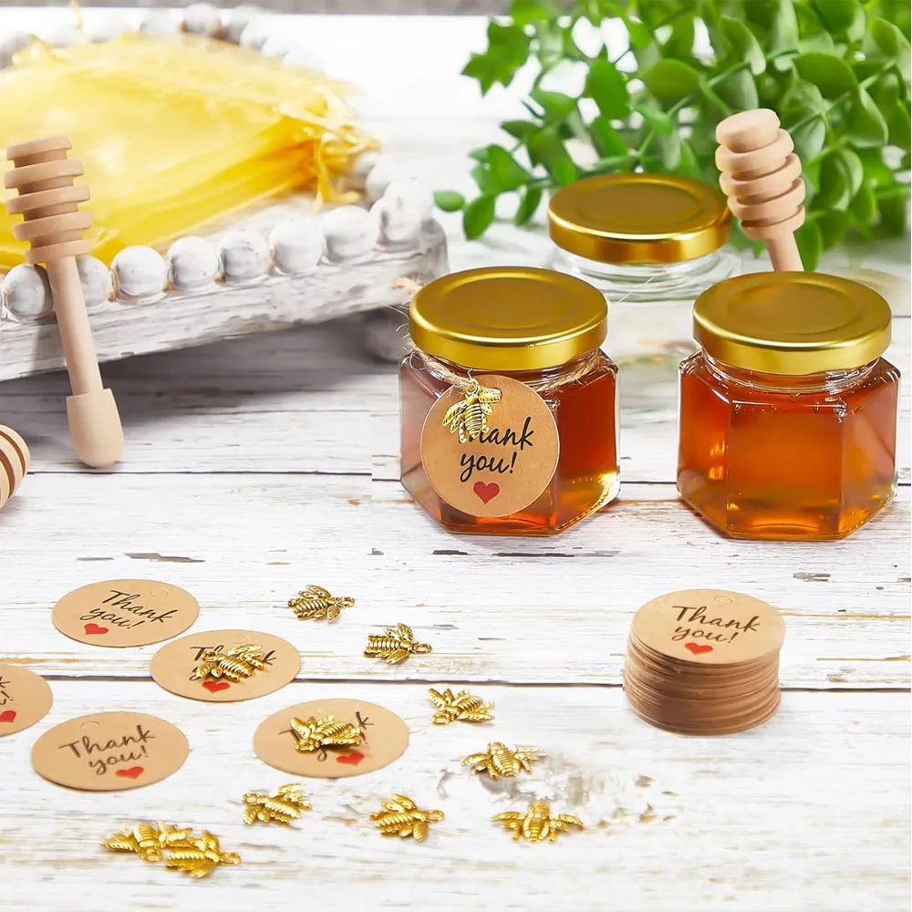 Mini Honey Jars With Honey Dipper, Gold Lid, Bee Pendants, Gift Bags and Jutes - Perfect For Baby Shower Favors & Wedding Favor