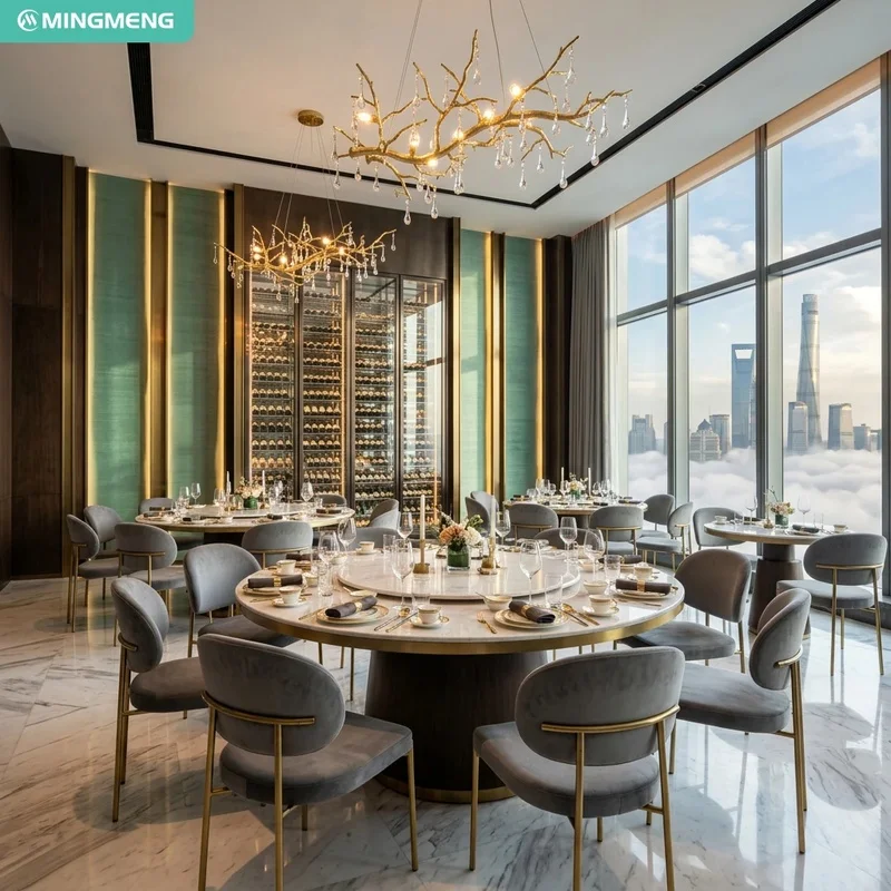 Restaurant Project Furniture Marble Round Dining Table Rotating Lazy Susan Velvet Dining Chair for Hotel Private Banquet Room