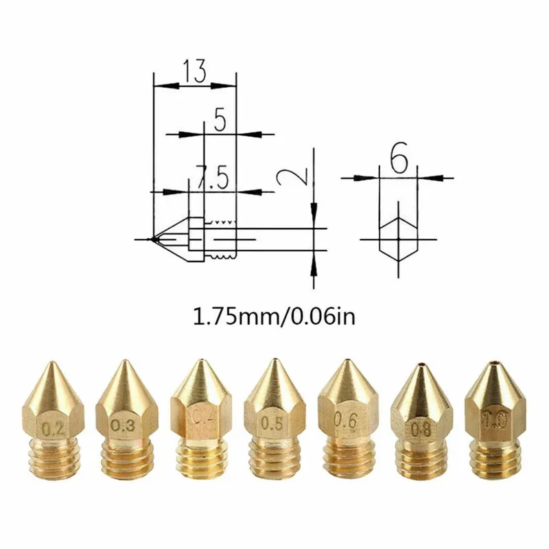 19Pcs MK8 Extruder Nozzle Set 0.2-1.0mm, M6 Thread 3-D Printer Brass Nozzles Kit for Ender 3 CR-10 Makerbot