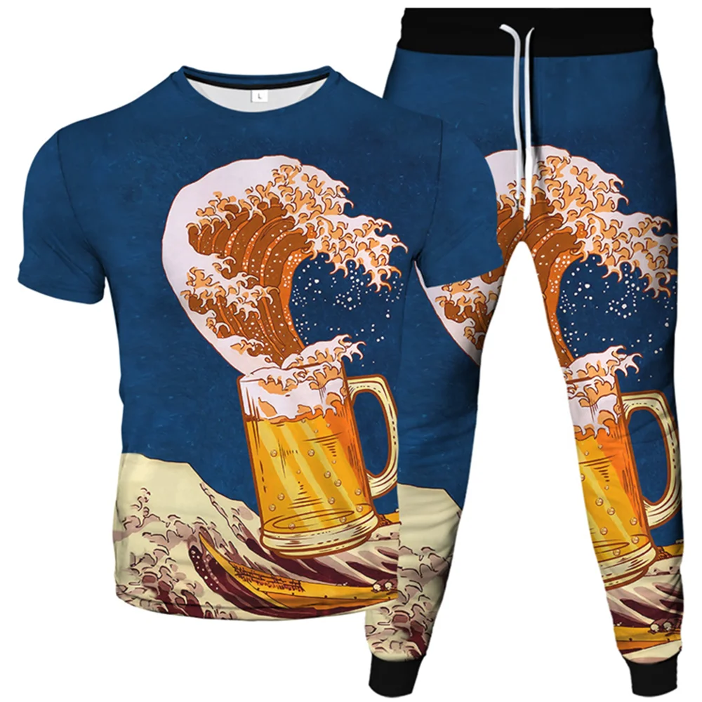 

Great Beer Wave Off Kanagawa Print Мужчины Женщины 3D Спортивный костюм Футболка + брюки Комплект из 2 предметов Мужская одежда больших размеров Топы Длинные брюки Костюм