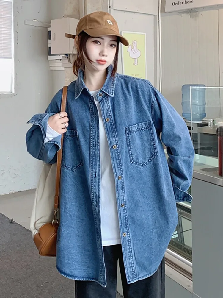 

Light Blue Vintage Loose Denim Shirt Jacket Women's 2026 Spring Mid-Length Hong Kong Style Double Pocket Top