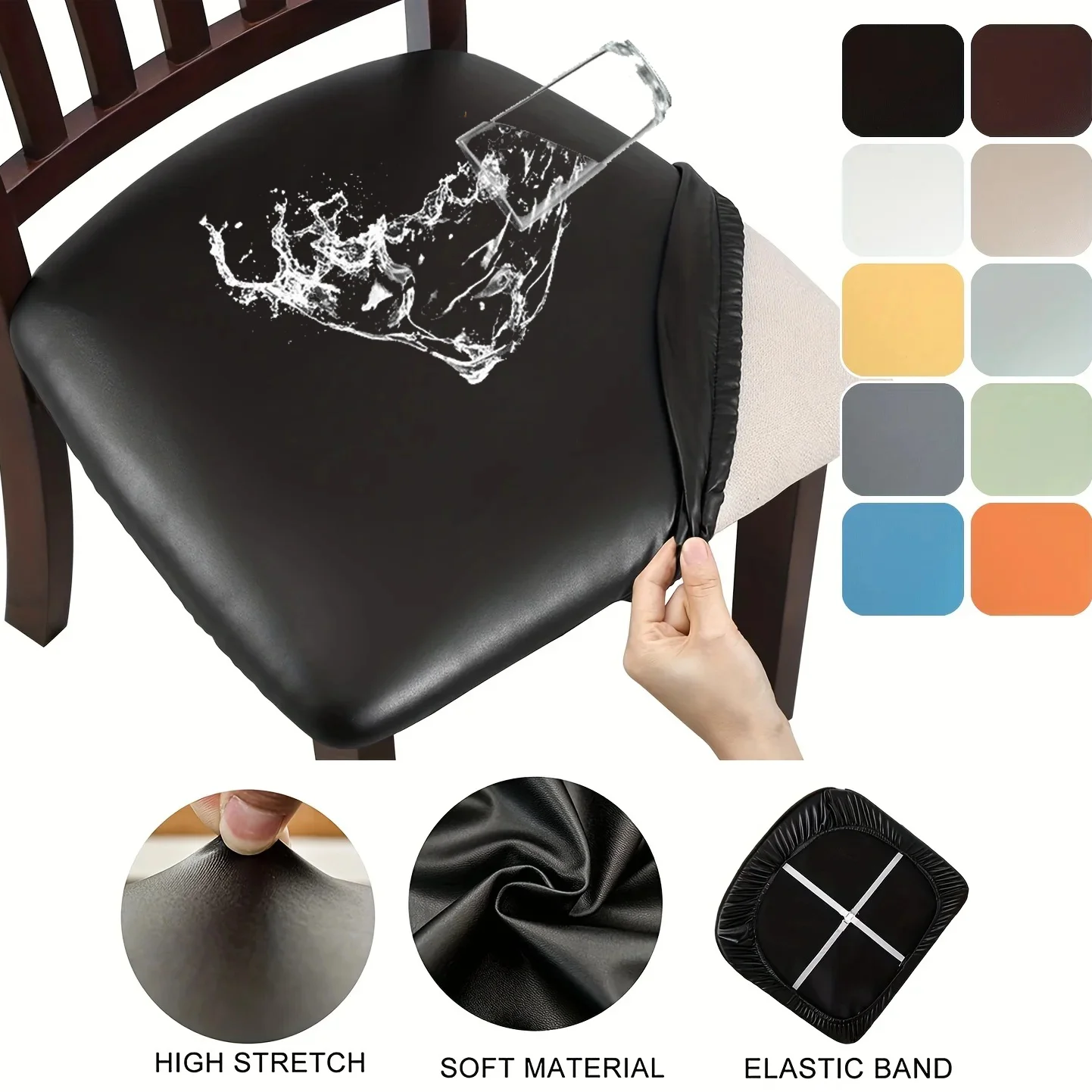 

Removable PU Leather Elasticity Dining Room Chair Cover Square Chair Cushion Cover Waterproof Kitchen Dining Seat Slipcovers