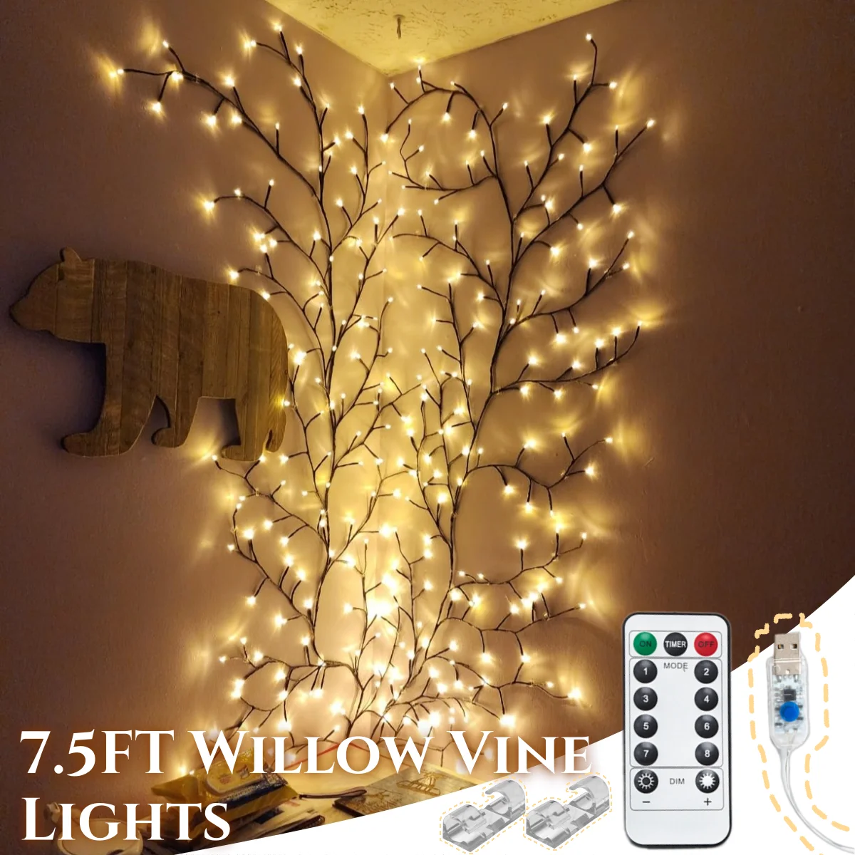 144LEDs Willow Vine Lights Enchanted Willow Vine Lights with Remote Artificial Tree Branches For Home Walls Bedroom Decor 7.5FT