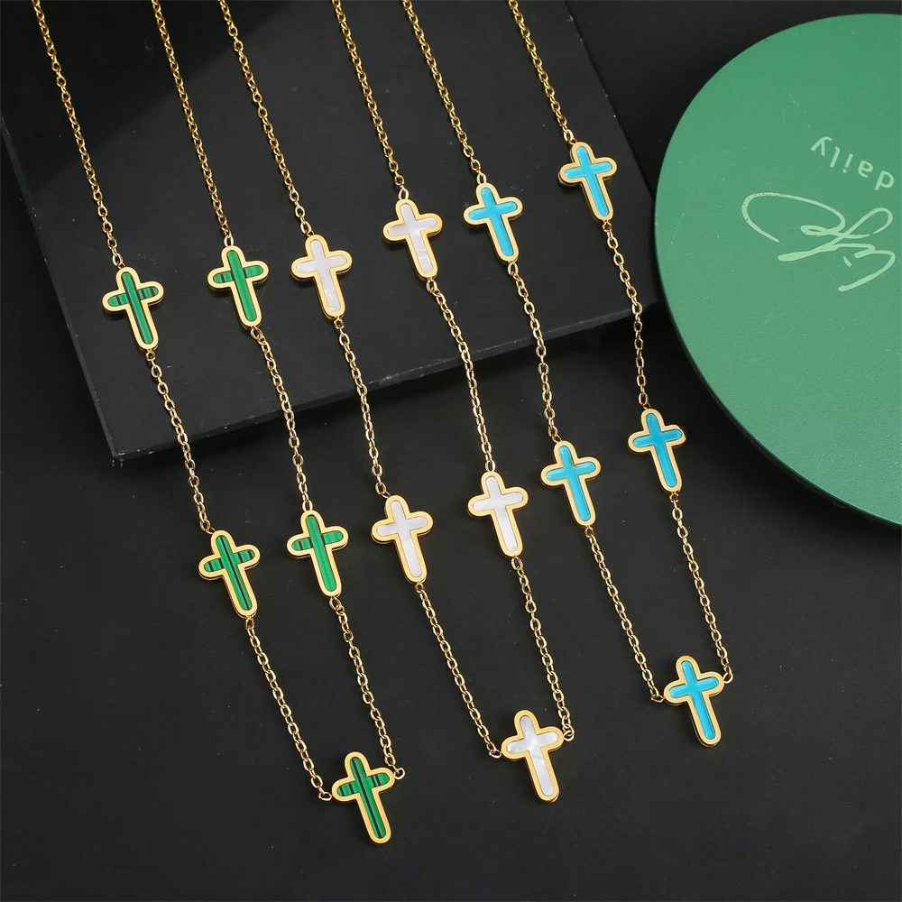 Hot Sale Stainless Steel Non Fade Religious Classic Cross Bracelet Necklace Earring Set Waterproof 316L Jewellery Clover Ladies