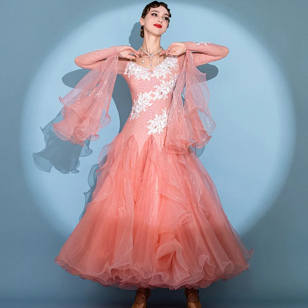 ラテンドレス デカール ボールルーム選手権 ハイエンド フラメンコスカート ラインストーン ピンク 練習用ダンスドレス 長袖ダンスドレス