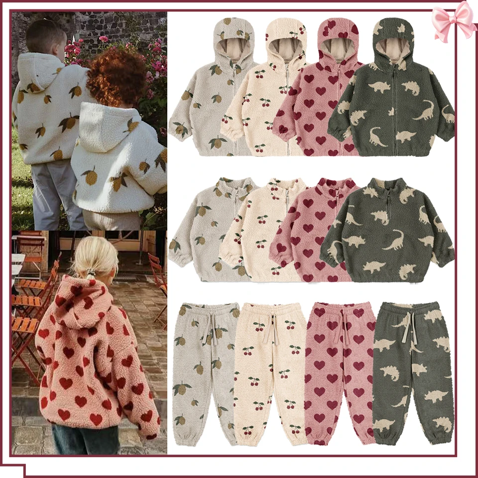 Winter Child Kids Heavy Clothes Set KS Baby Girls Boys Cartoon Lambswool Jackets Coat Boy Warm Outerwear Pants Children's Coats