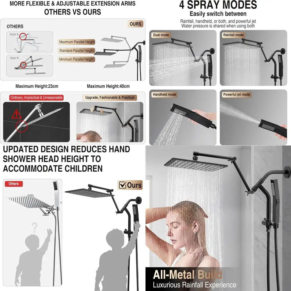 

10 Matte Black Shower Head with Power Wash, Handheld & Rainfall Modes, Extendable 16 Arm