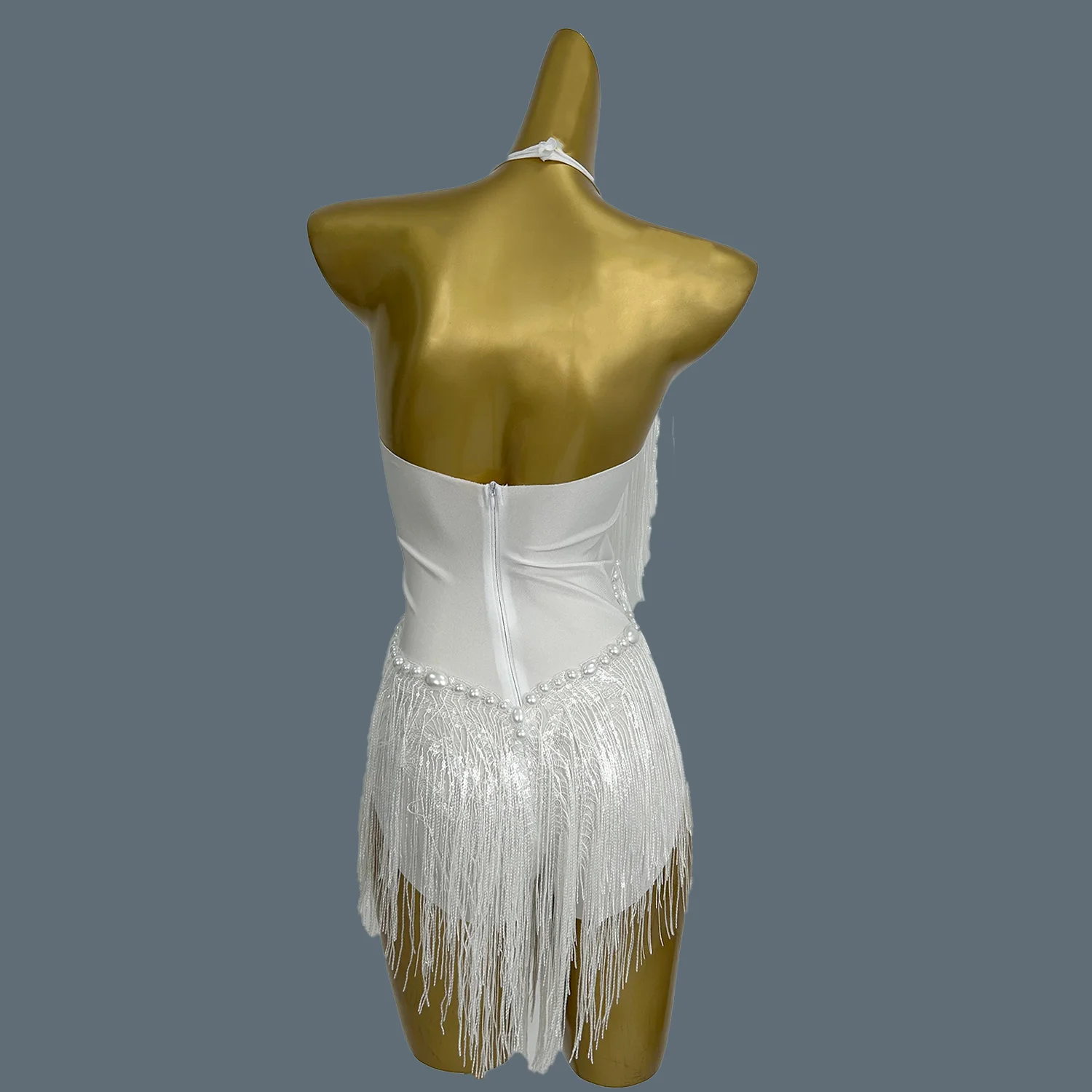 سباركلي المرأة الأبيض شرابة يوتار مثير اللؤلؤ الترتر هامش ارتداءها نادي أداء ارتداء مرحلة الحفلات أزياء رقص Shuye